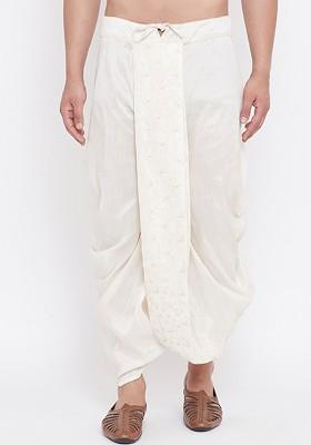 Cream Embroidered Poly Blend Dhoti For Men