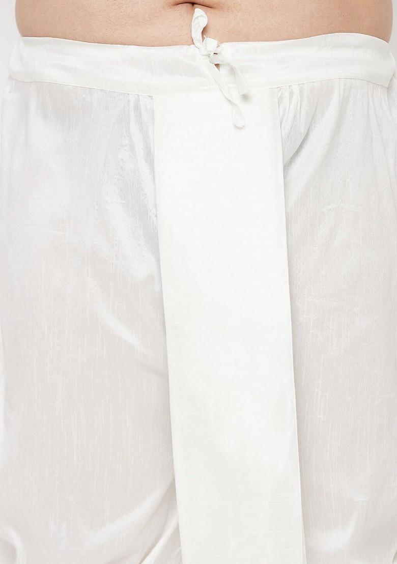 White Solid Poly Blend Dhoti For Men