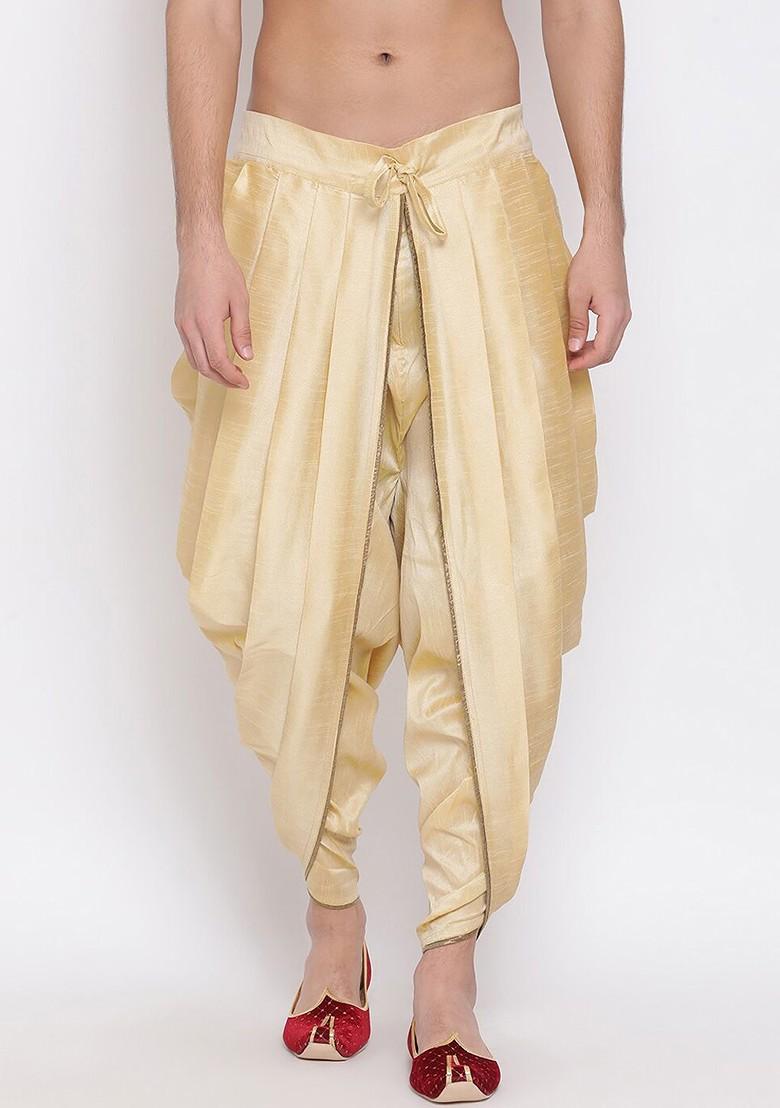 Gold Solid Poly Blend Dhoti For Men