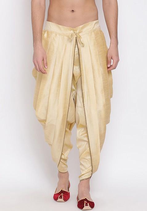 Gold Solid Poly Blend Dhoti For Men