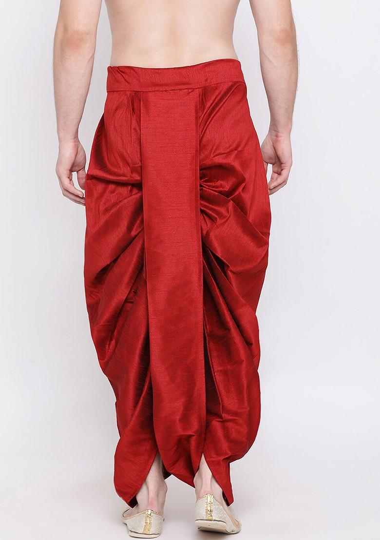 Maroon Woven Poly Blend Dhoti For Men