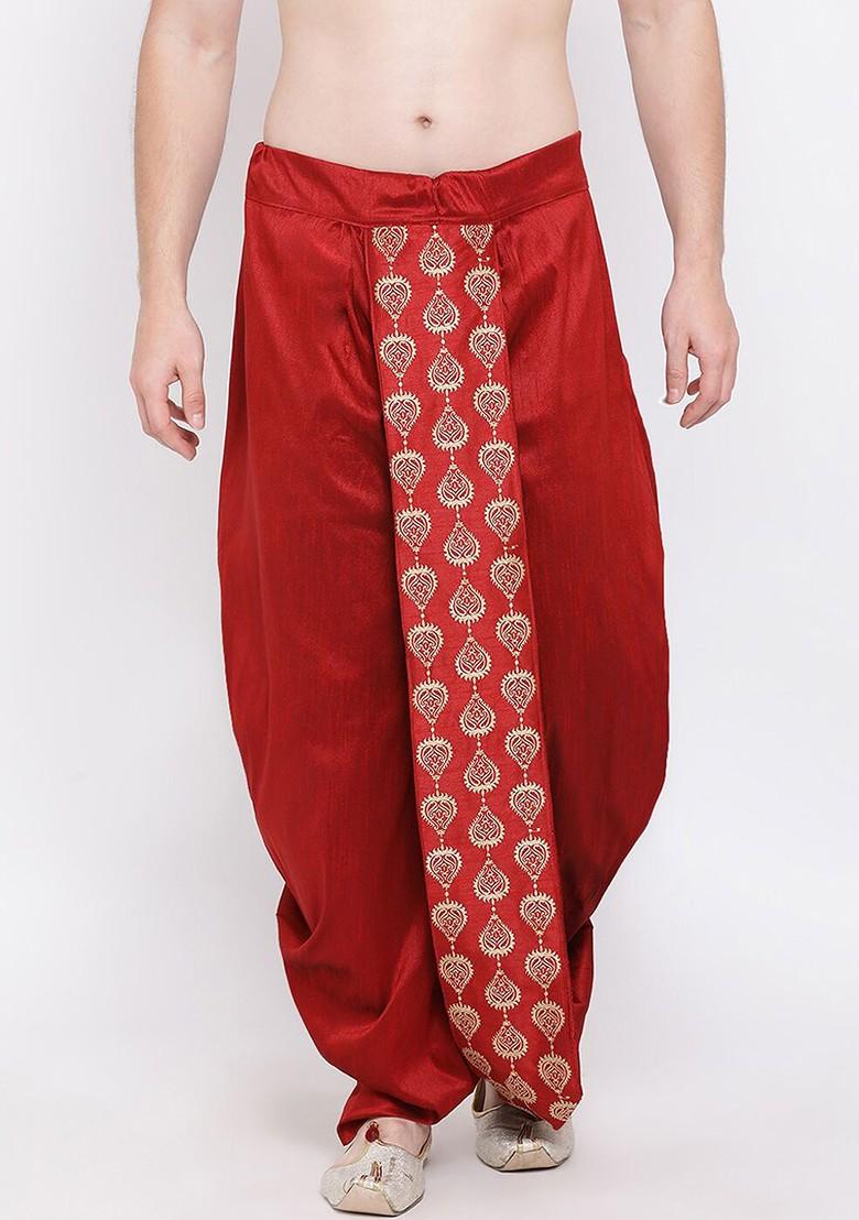 Maroon Woven Poly Blend Dhoti For Men