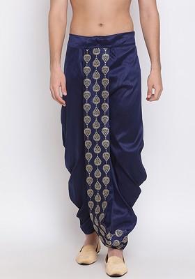 Navy Blue Embroidered Poly Blend Dhoti For Men