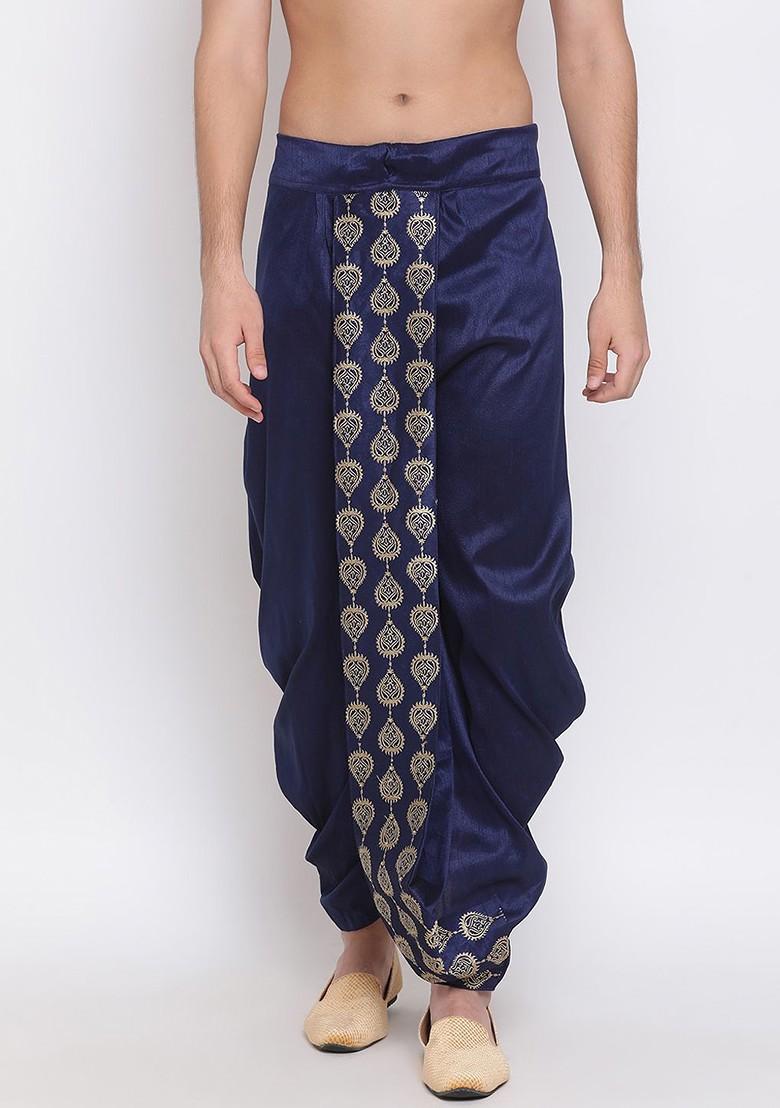 Navy Blue Embroidered Poly Blend Dhoti For Men