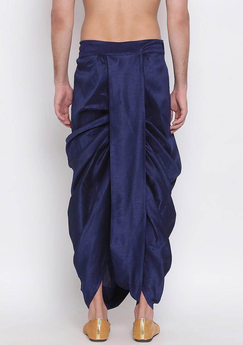 Navy Blue Embroidered Poly Blend Dhoti For Men
