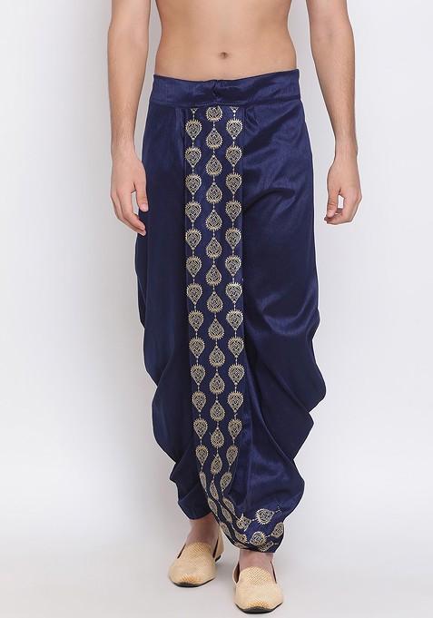 Navy Blue Embroidered Poly Blend Dhoti For Men
