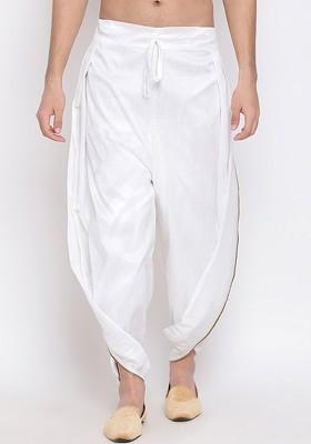White Solid Poly Blend Dhoti For Men