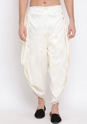 Cream Solid Poly Blend Dhoti For Men