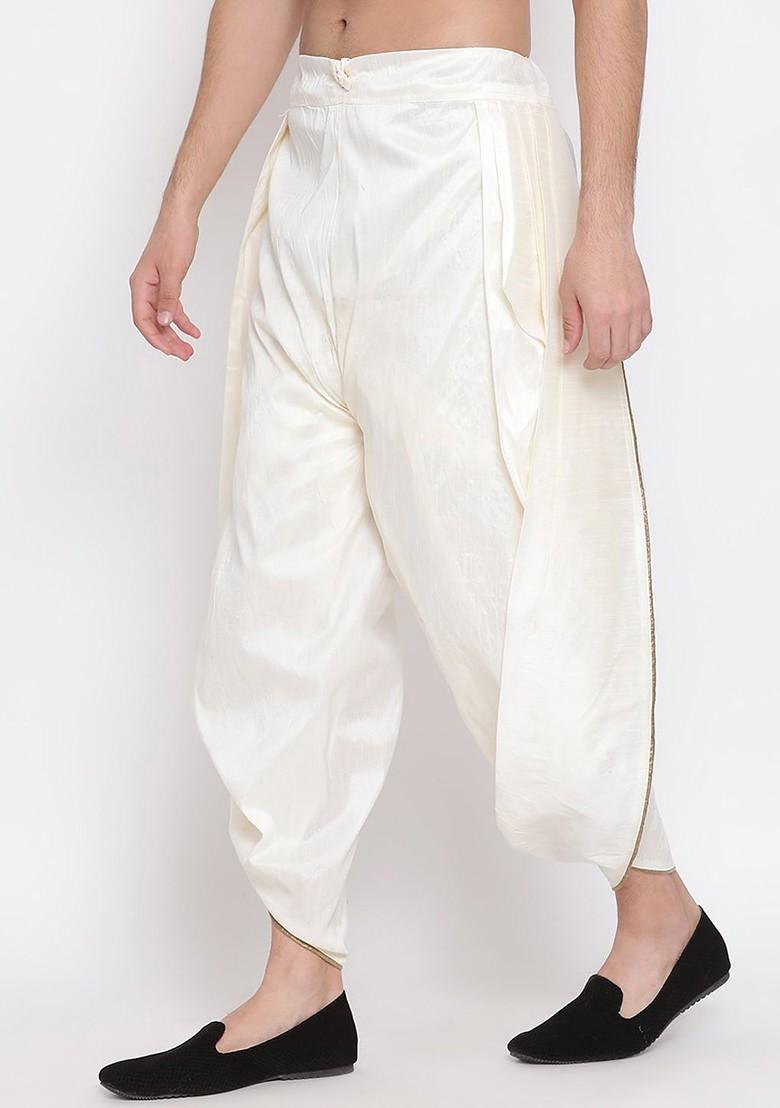 Cream Solid Poly Blend Dhoti For Men