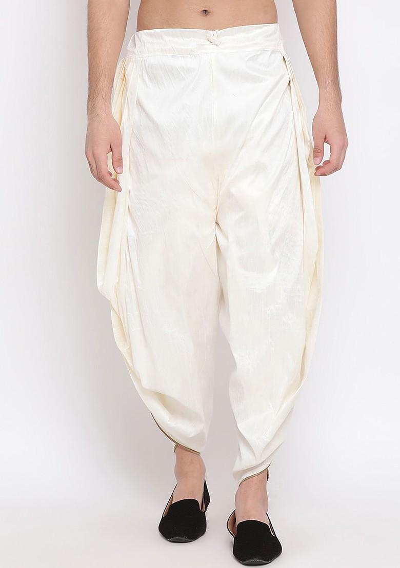 Cream Solid Poly Blend Dhoti For Men