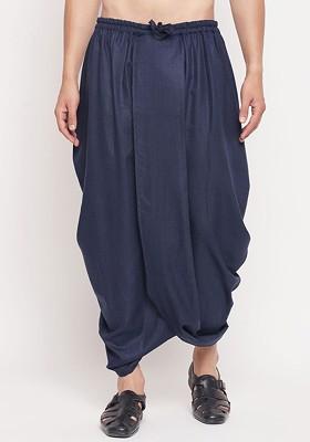 Navy Blue Solid Poly Blend Dhoti For Men