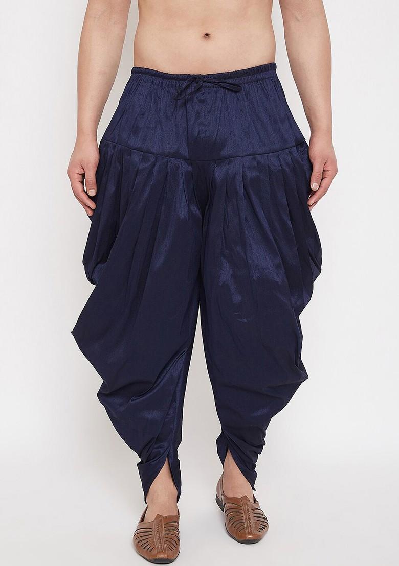 Navy Blue Solid Poly Blend Dhoti For Men