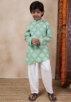 Green Printed Poly Blend Kurta Set For Boy