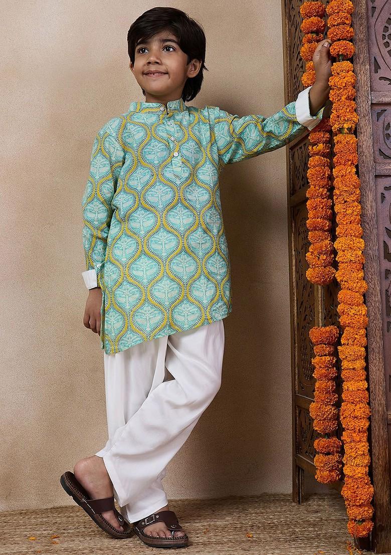 Green Printed Poly Blend Kurta Set For Boy