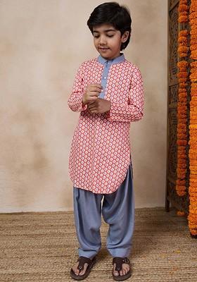 Grey Printed Poly Blend Kurta Set For Boy