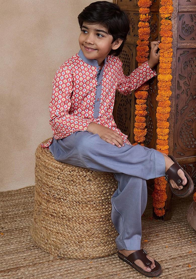 Grey Printed Poly Blend Kurta Set For Boy