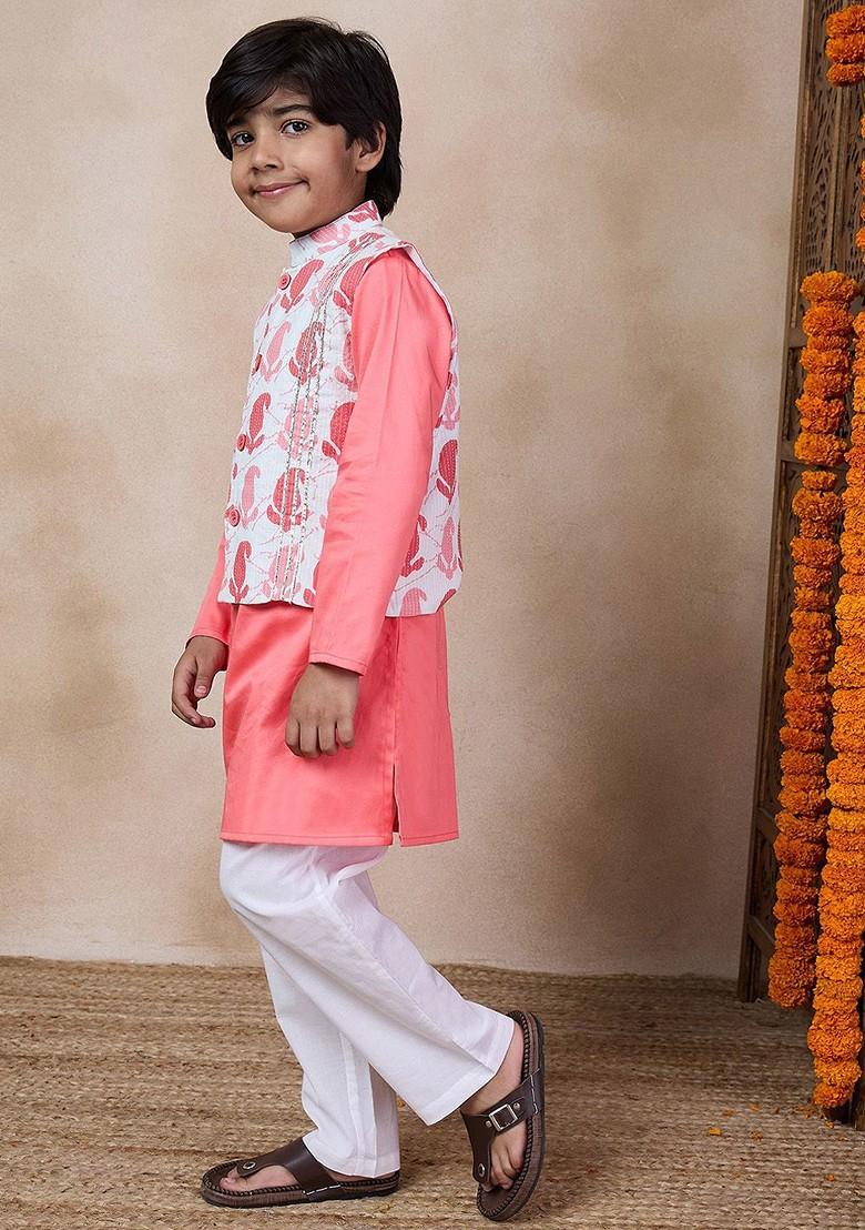 Peach Embroidered Poly Blend Kurta Set For Boy