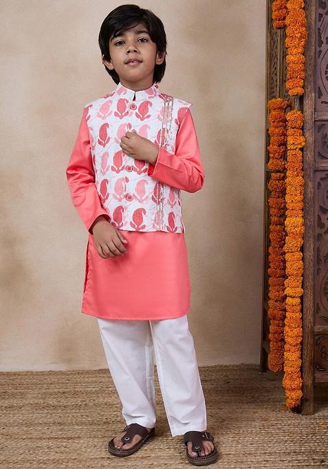 Peach Embroidered Poly Blend Kurta Set For Boy