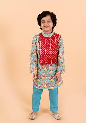 Sea Green Printed Poly Blend Kurta Set For Boy