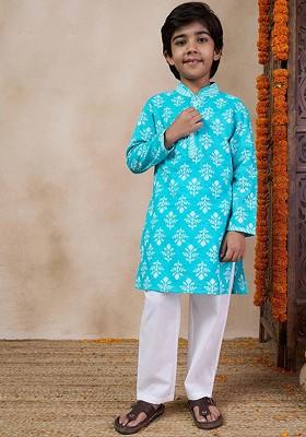 Blue Printed Poly Blend Kurta Set For Boy