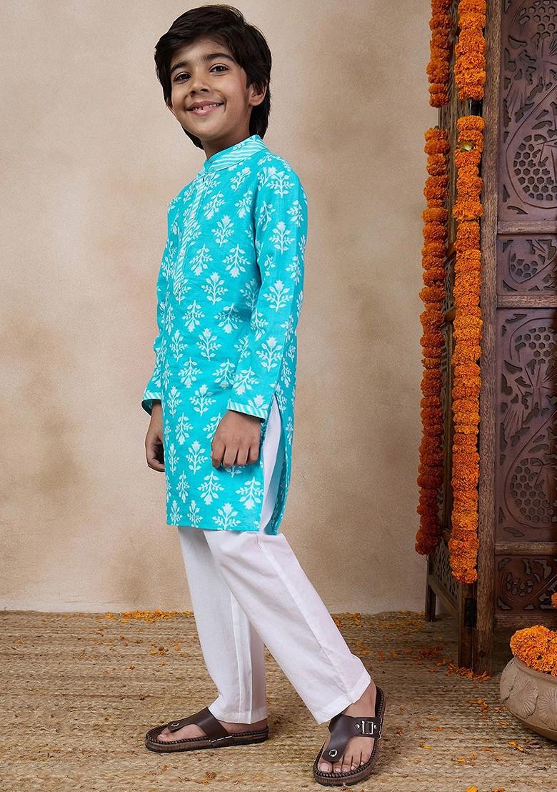 Blue Printed Poly Blend Kurta Set For Boy