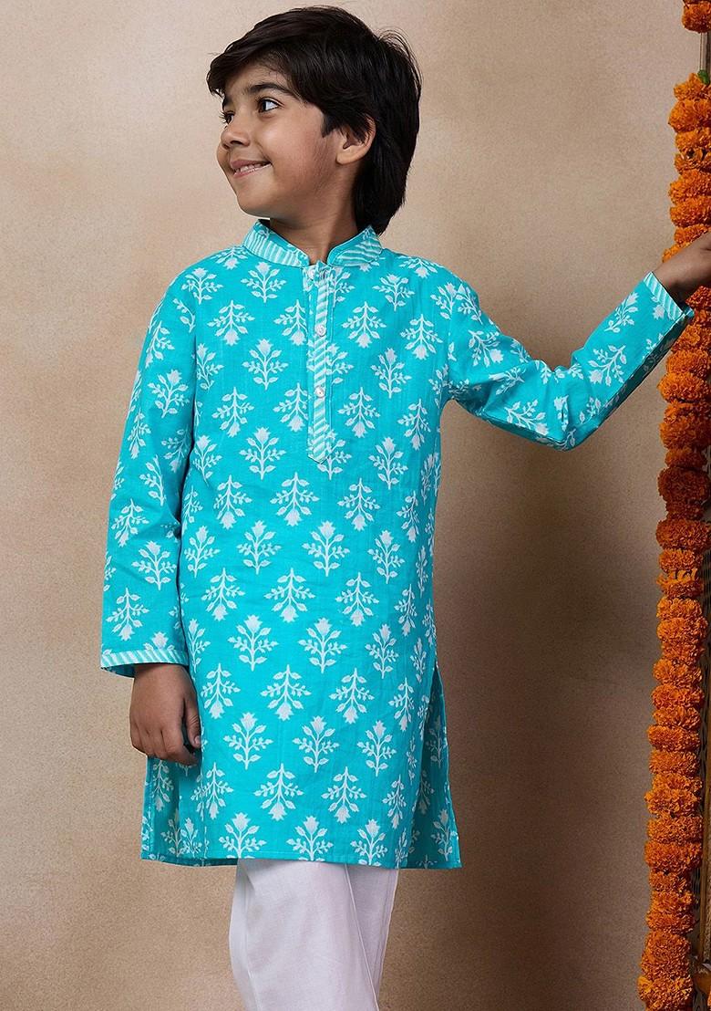 Blue Printed Poly Blend Kurta Set For Boy