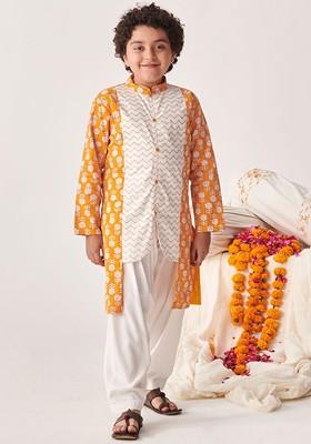 Orange Printed Poly Blend Kurta Set For Boy