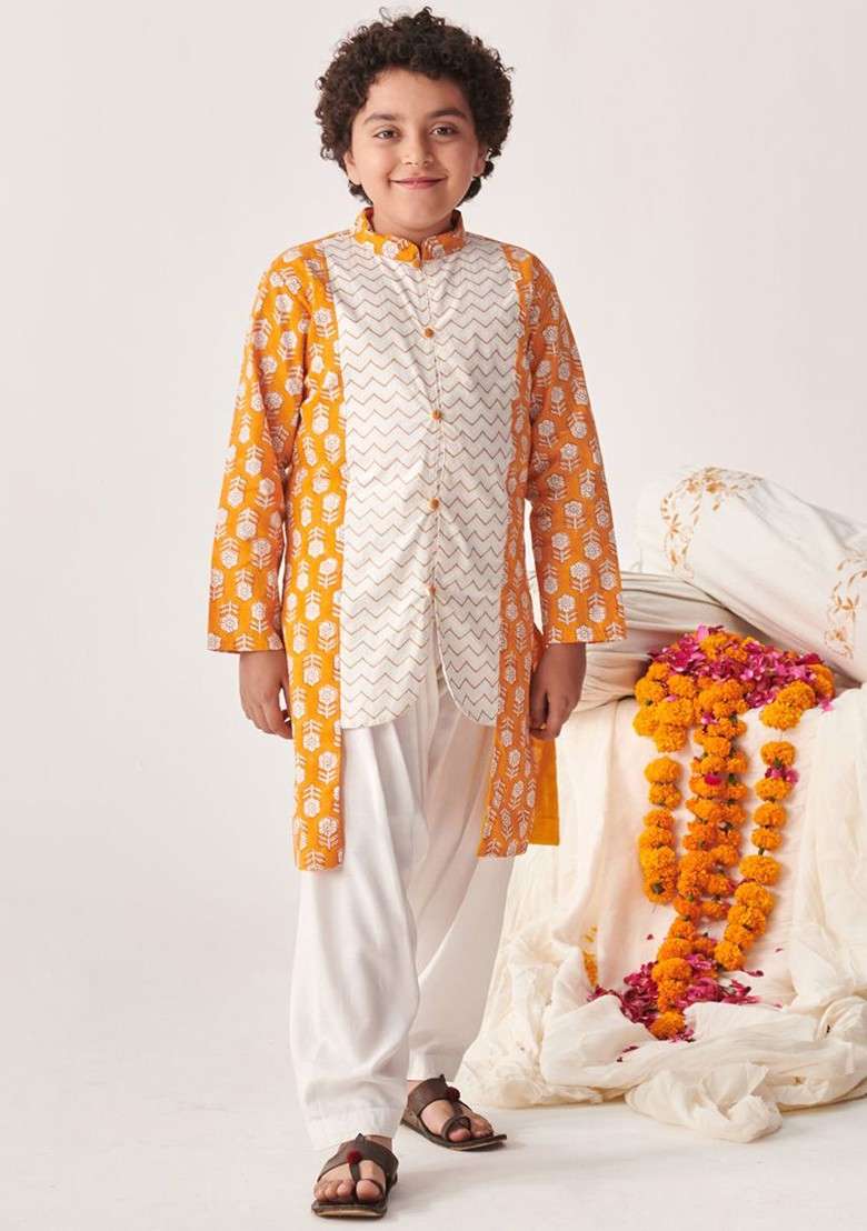 Orange Printed Poly Blend Kurta Set For Boy - Indya