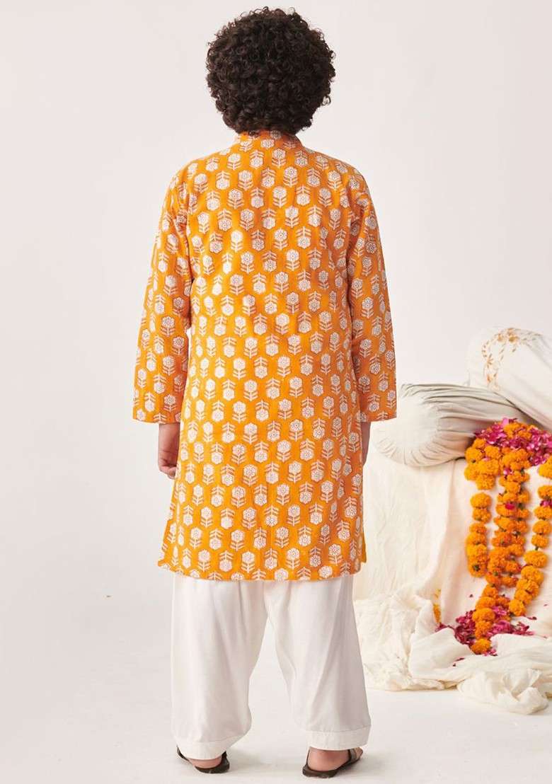 Orange Printed Poly Blend Kurta Set For Boy - Indya
