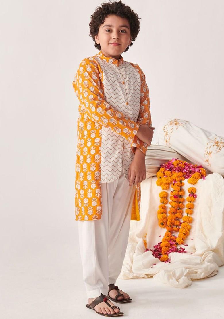 Orange Printed Poly Blend Kurta Set For Boy