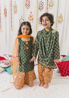 Green Embroidered Poly Blend Kurta Set For Boy
