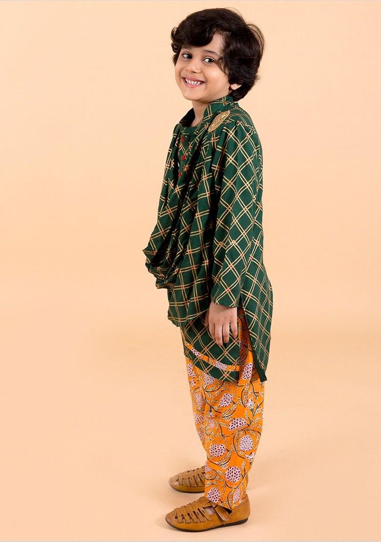 Green Embroidered Poly Blend Kurta Set For Boy