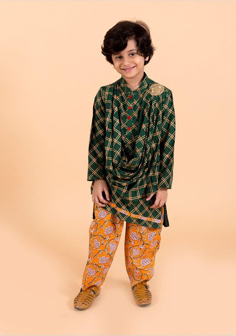 Green Embroidered Poly Blend Kurta Set For Boy