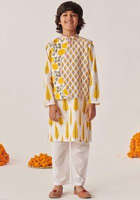 Grey Printed Poly Blend Kurta Set For Boy