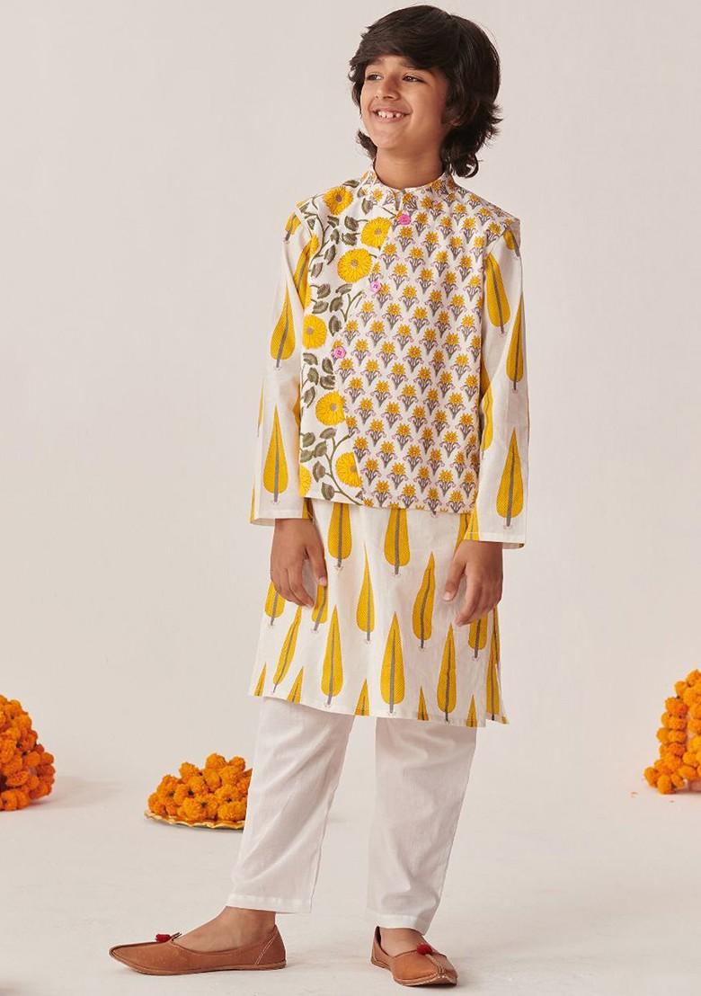 Grey Printed Poly Blend Kurta Set For Boy