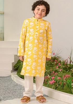Yellow Printed Poly Blend Kurta Set For Boy