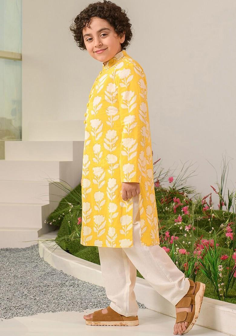 Yellow Printed Poly Blend Kurta Set For Boy