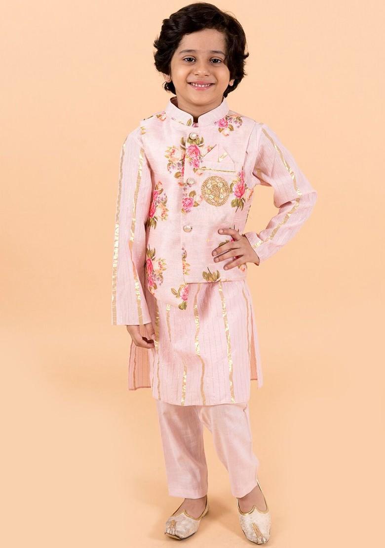 Pink Printed Poly Blend Kurta Set For Boy