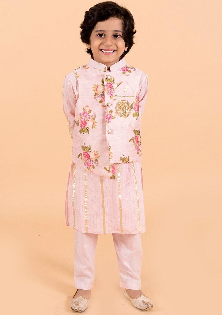 Pink Printed Poly Blend Kurta Set For Boy