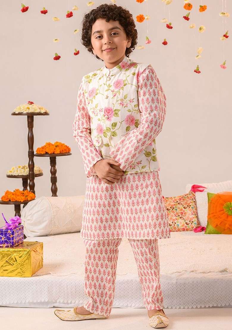 Off White Printed Poly Blend Kurta Set For Boy - Indya