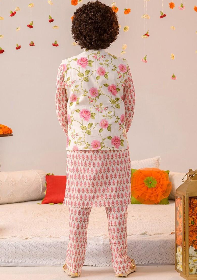 Off White Printed Poly Blend Kurta Set For Boy