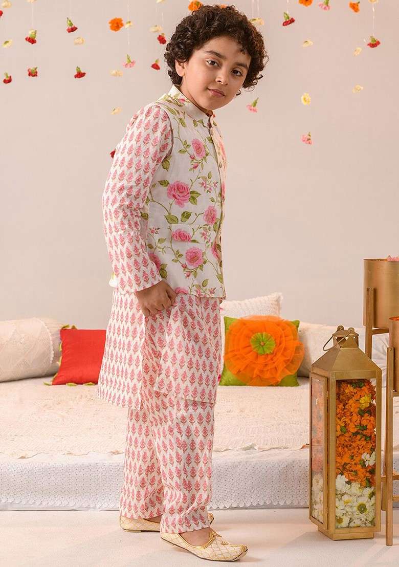 Off White Printed Poly Blend Kurta Set For Boy - Indya