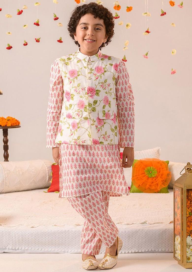 Off White Printed Poly Blend Kurta Set For Boy
