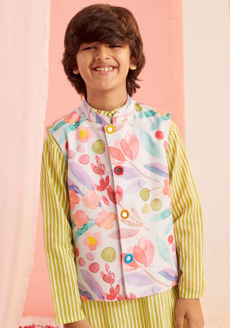 Olive Printed Poly Blend Kurta Set For Boy