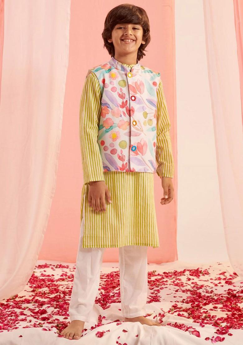 Olive Printed Poly Blend Kurta Set For Boy