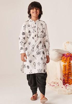 White Printed Poly Blend Kurta Set For Boy
