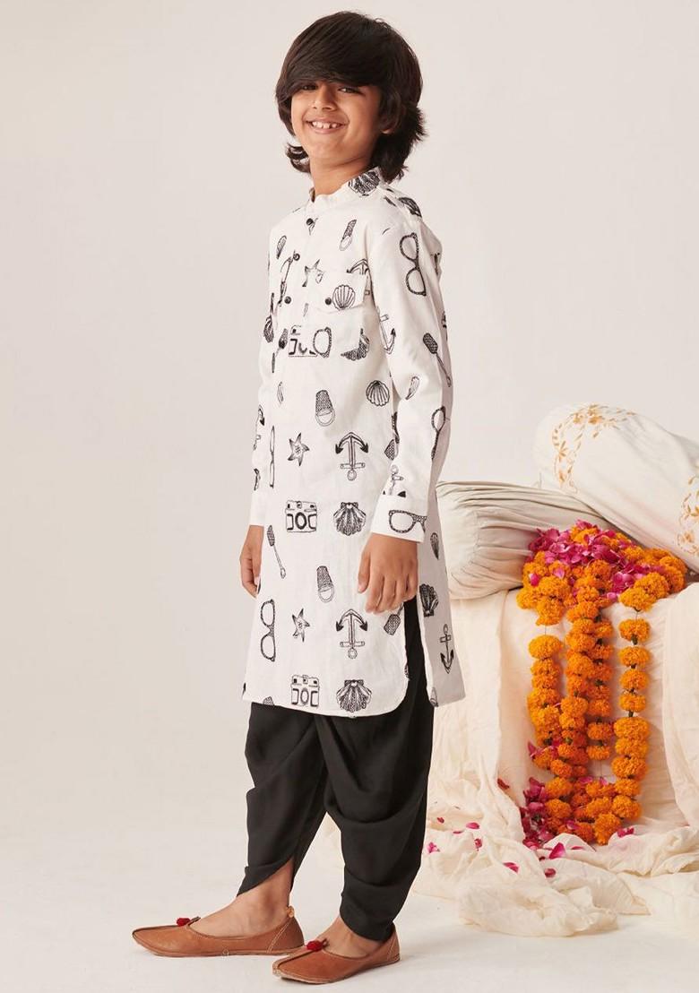 White Printed Poly Blend Kurta Set For Boy