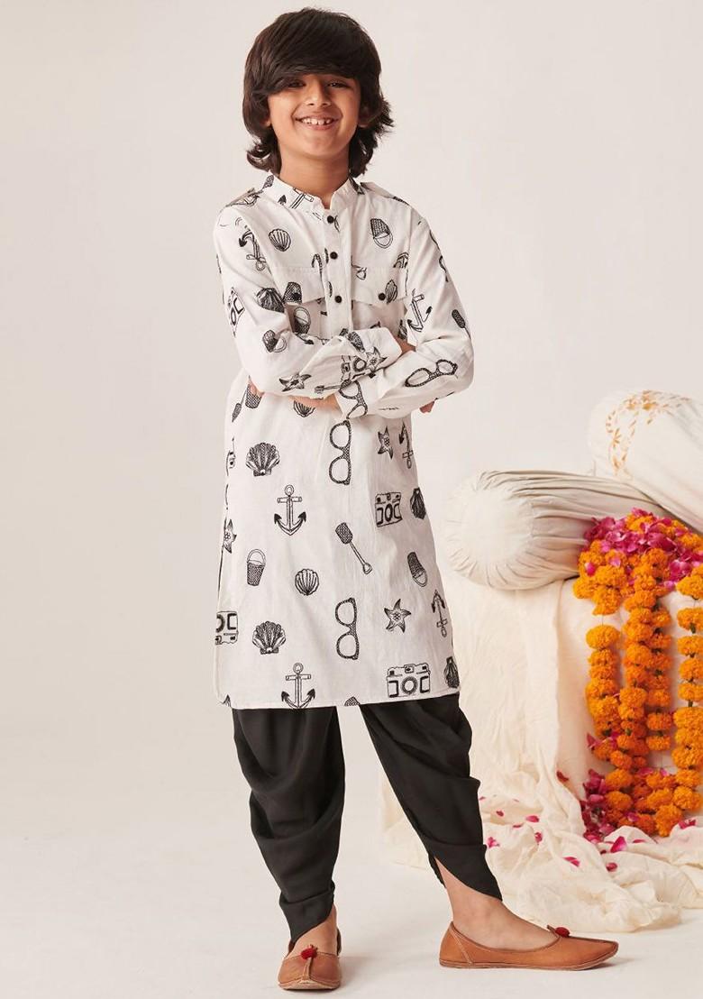 White Printed Poly Blend Kurta Set For Boy