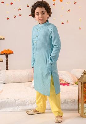 Blue Printed Poly Blend Kurta Set For Boy