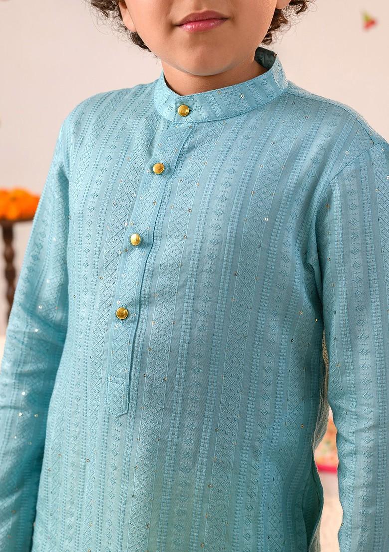 Blue Printed Poly Blend Kurta Set For Boy